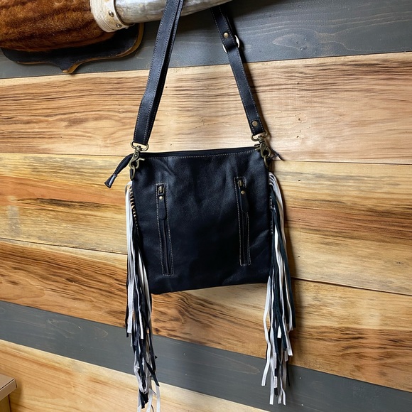 NWT Myra Bag Fringed Concealed-Carry Leather Bag in black and white. - Picture 2 of 14